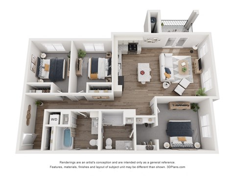 Floor plan for 3 beds, 2 baths, 1238 sqft